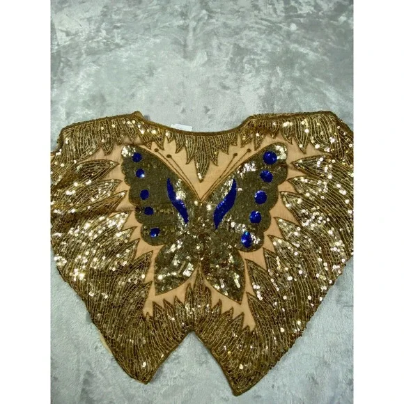Silk Sequin Butterfly Top Womens Medium Gold Blue Embellished Festival Y2K Boho - Picture 7 of 8
